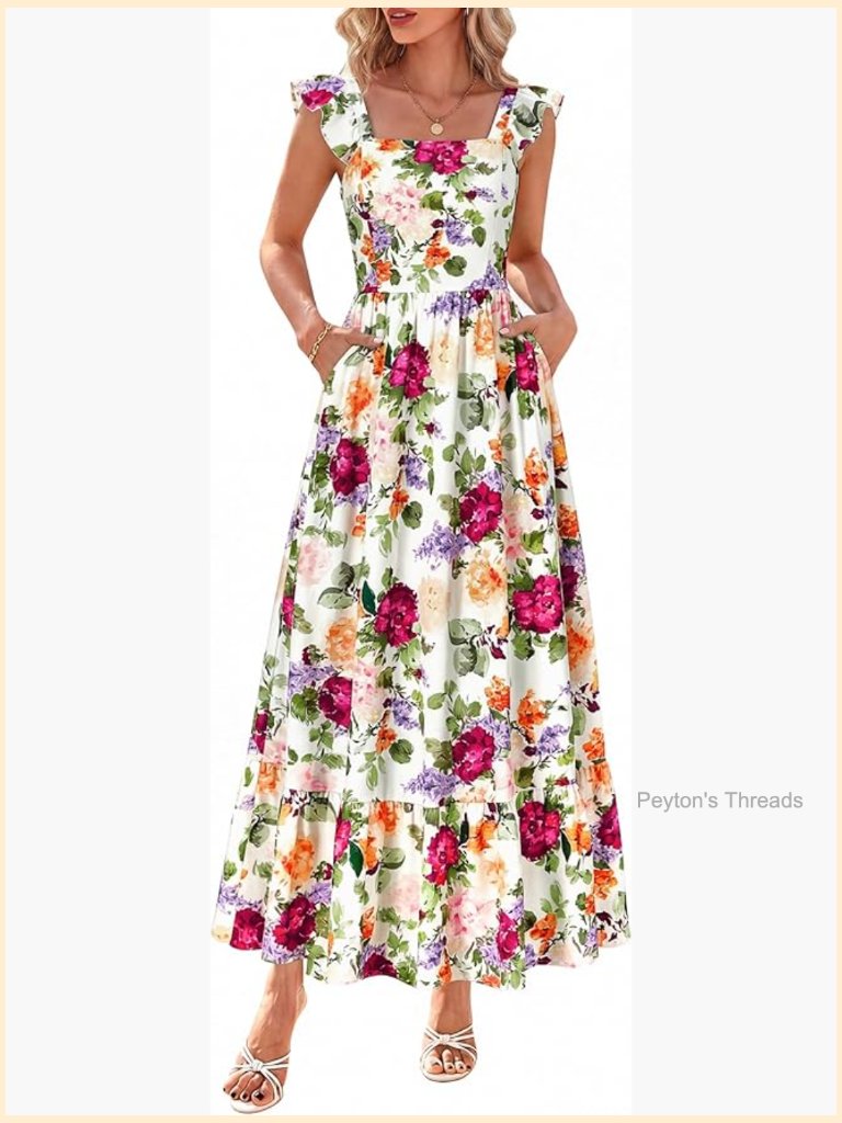 Ruffle Sleeve Square Neck Floral Midi Dress With Pockets